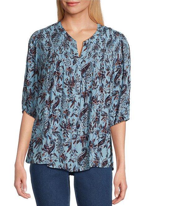 Intro Crinkle Gauze Paisley Print Crew Neck Elbow Sleeve Smocked Detail Button Front Blouse Product Image