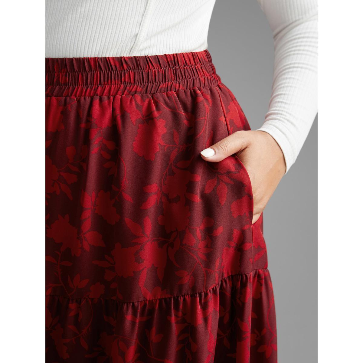 Plus Size Silhouette Floral Print Ruffle Layered Hem Skirt Women Deepred Elegant Loose Low stretch Side seam pocket Everyday Skirts BloomChic 10/M Product Image
