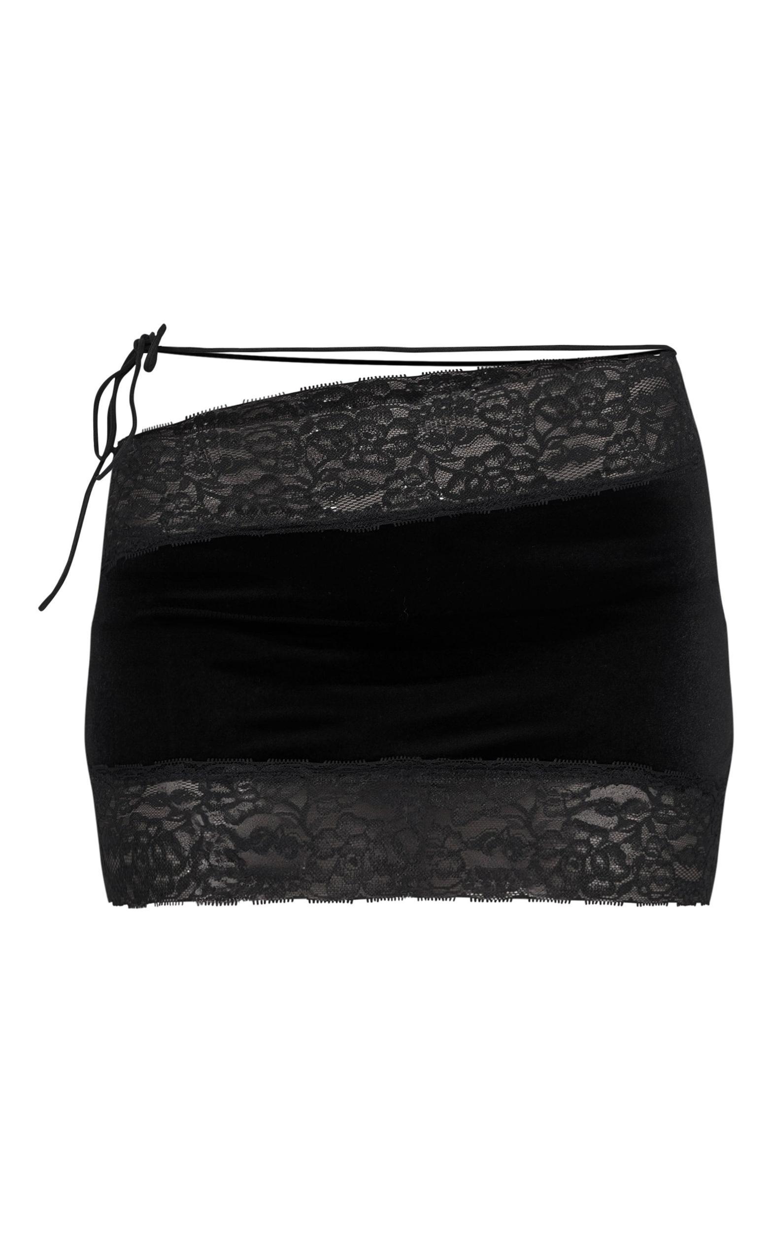 Black Lace Trim Velvet Micro Skirt Product Image
