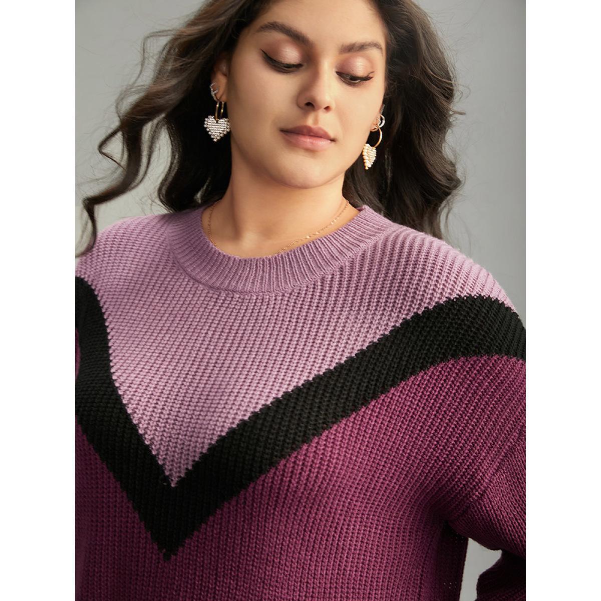 Plus Size Colorblock Contrast Drop Shoulder Loose Pullover Multicolor Women Casual Loose Long Sleeve Round Neck Dailywear Pullovers BloomChic 26/4X Product Image