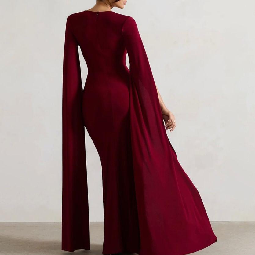 Slit-Sleeve Plain Maxi A-Line Dress Product Image