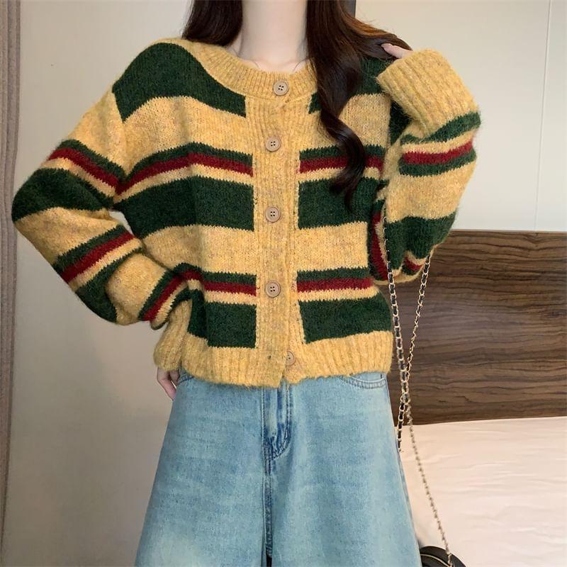 Crewneck Striped Button-Up Cardigan Product Image