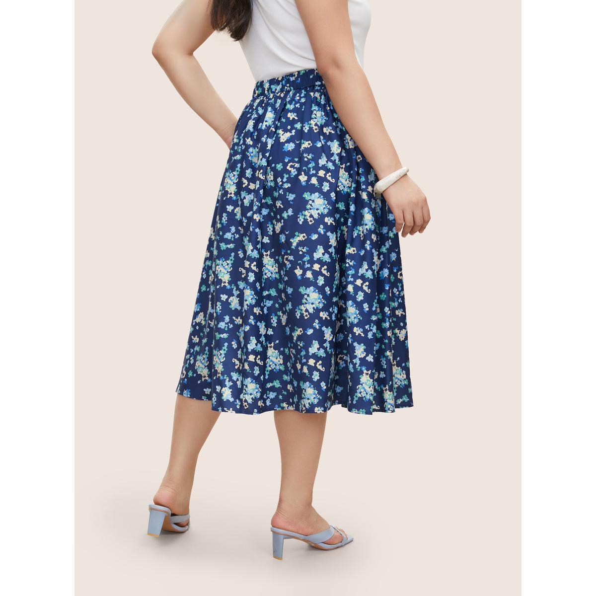 Plus Size Ditsy Floral Print Elastic Waist Pocket Midi Skirt Women Aegean Elegant Non No stretch Slanted pocket Everyday Skirts BloomChic 30/6X Product Image