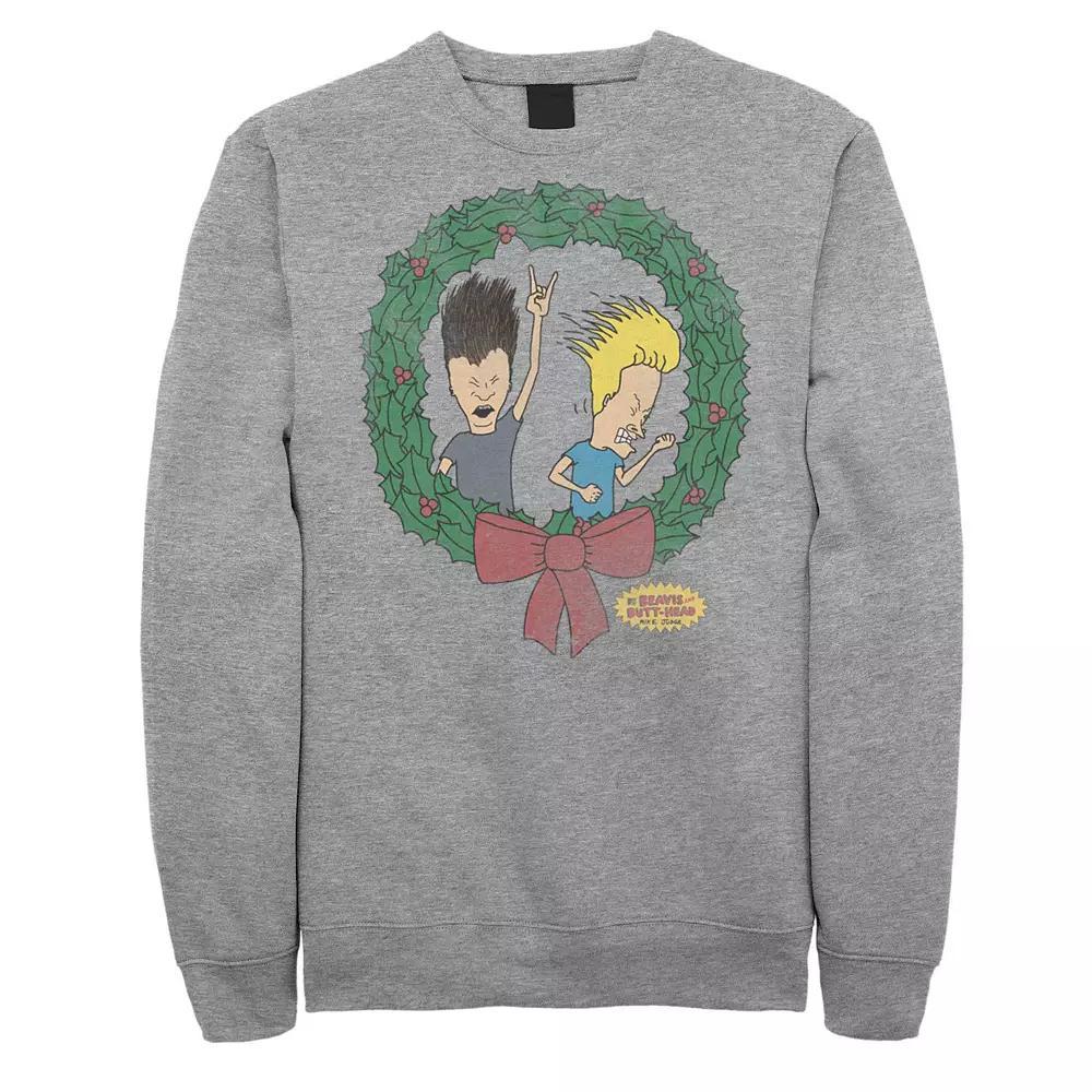Men's Beavis And Butthead Christmas Wreath Fleece, Size: XL, Athletic Grey Product Image