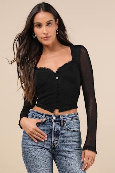 Sultry Approach Black Mesh Swiss Dot Bustier Long Sleeve Top Product Image