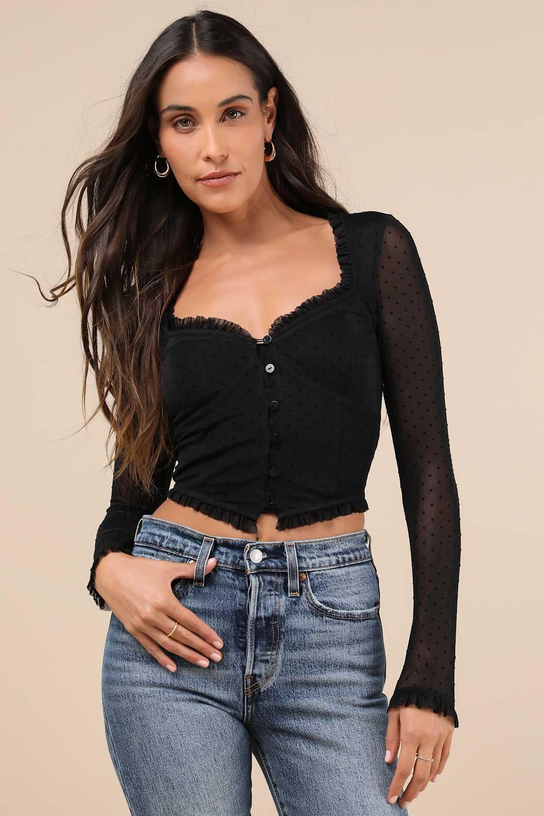Sultry Approach Black Mesh Swiss Dot Bustier Long Sleeve Top Product Image