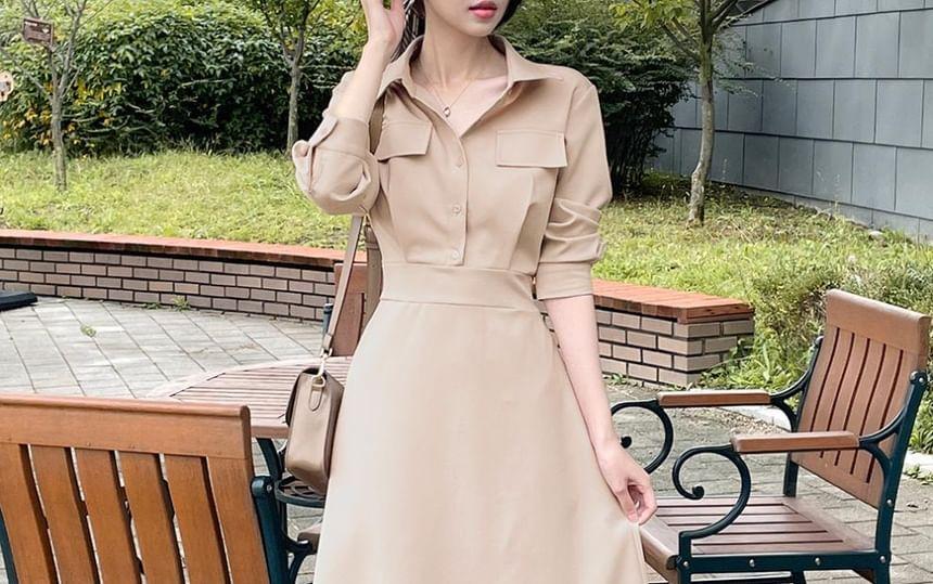 Long-Sleeve Plain Maxi A-Line Shirt Dress Product Image