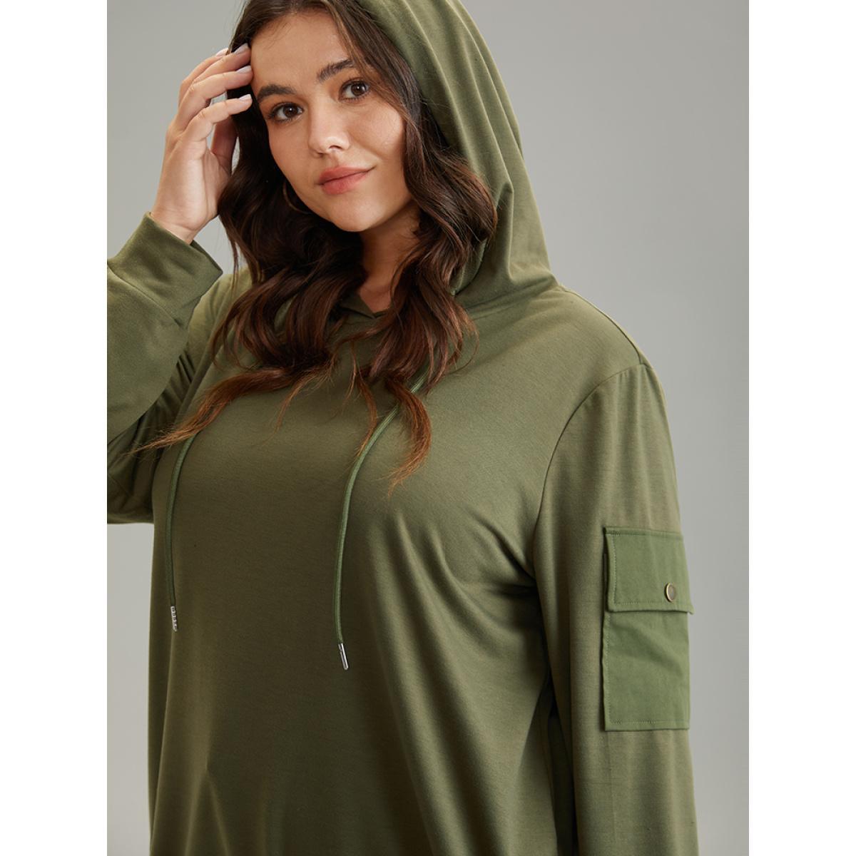 Plus Size Solid Flap Pocket Hooded Drawstring Sweatshirt Women ArmyGreen Casual Plain Hooded Dailywear Sweatshirts BloomChic 18-20/2X Product Image