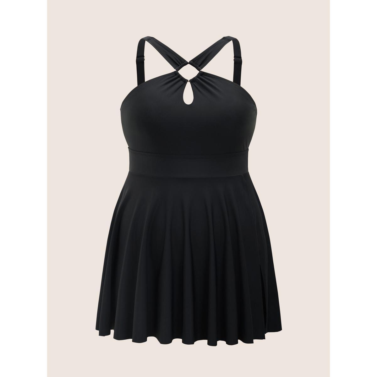 Plus Size Plain Cut Out Split Side Swim Dress Women's Swimwear Black Beach Bodycon Halter neck High stretch Curve Swim Dresses BloomChic 10/M Product Image