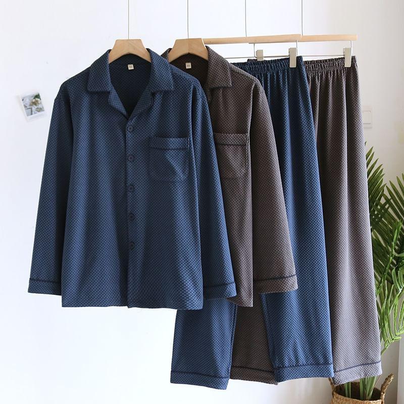 Pajama Set: Long Sleeve Collared Checker Shirt + Elastic Waist Straight Leg Pants Product Image
