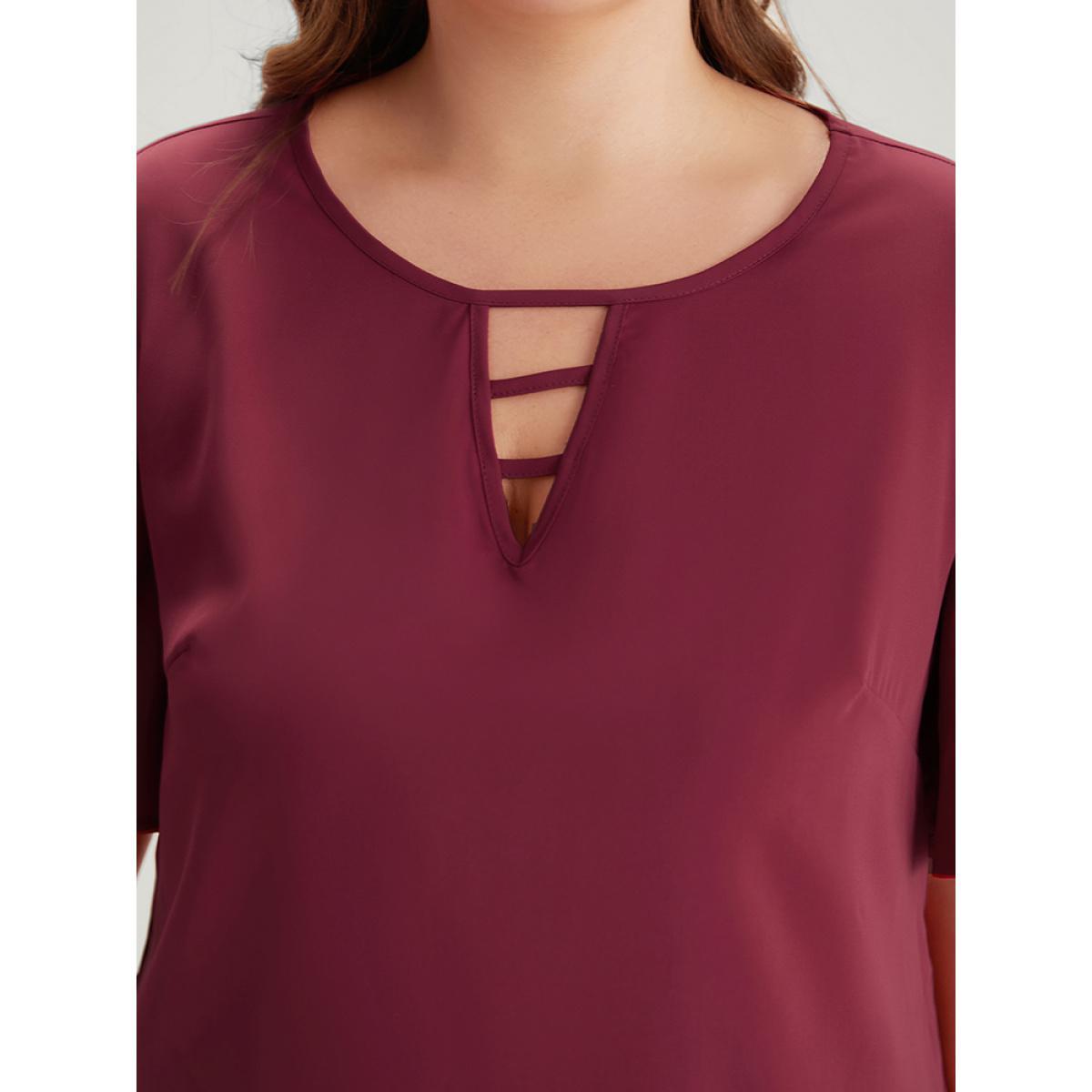 Plus Size Indigo Plain Ruffle Sleeve Cut Out Blouse Women Office Short sleeve Keyhole Cut-Out Work Blouses BloomChic 26/4X Product Image