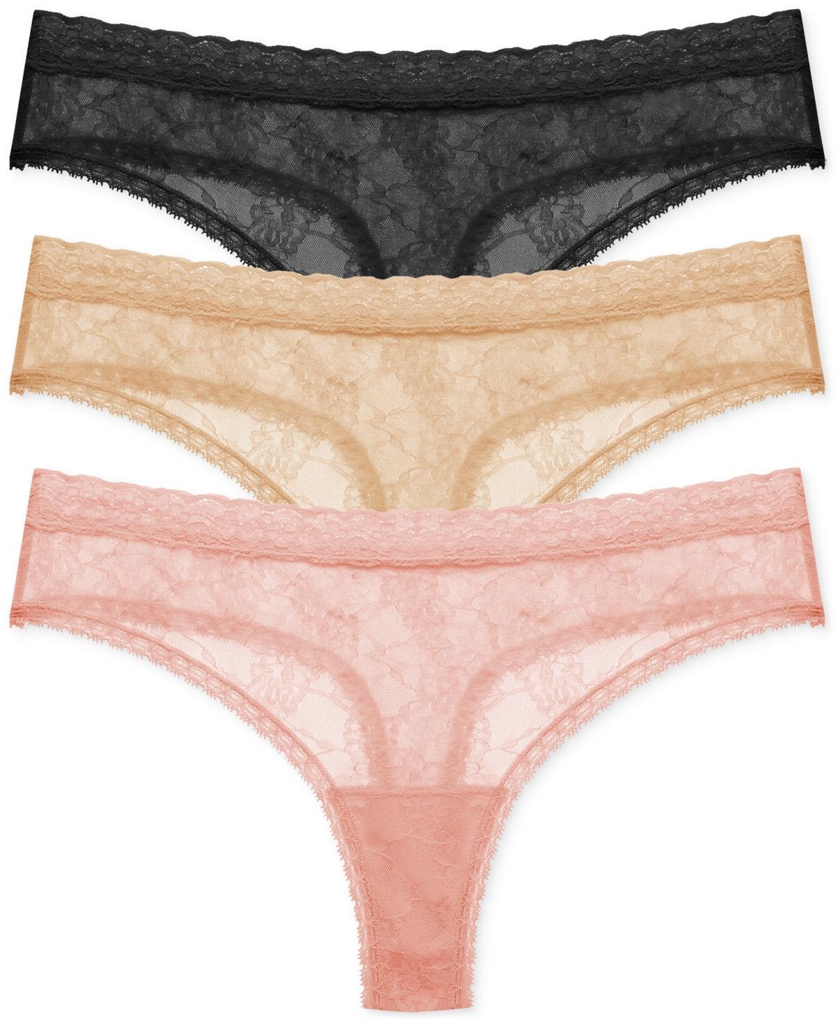 Natori Blisss Allure Lace Thong 3-Pack (Black/Cafe/Rose Beige) Women's Underwear Product Image