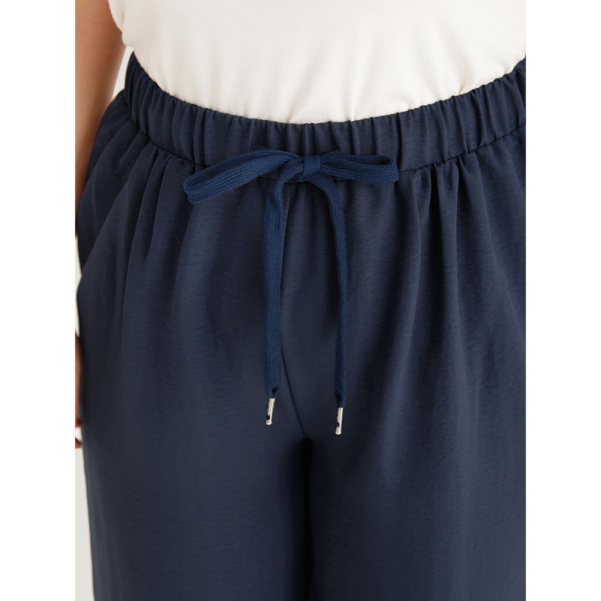 Plus Size Plain Drawstring Elastic Waist Gathered Pants Women Indigo Casual Straight Leg High Rise Dailywear Pants BloomChic 28/5X Product Image