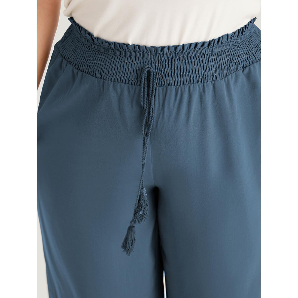Plus Size Solid Shirred Bowknot Paperbag Waist Patchwork Pants Women Aegean Casual Straight Leg High Rise Dailywear Pants BloomChic 22-24/3X Product Image
