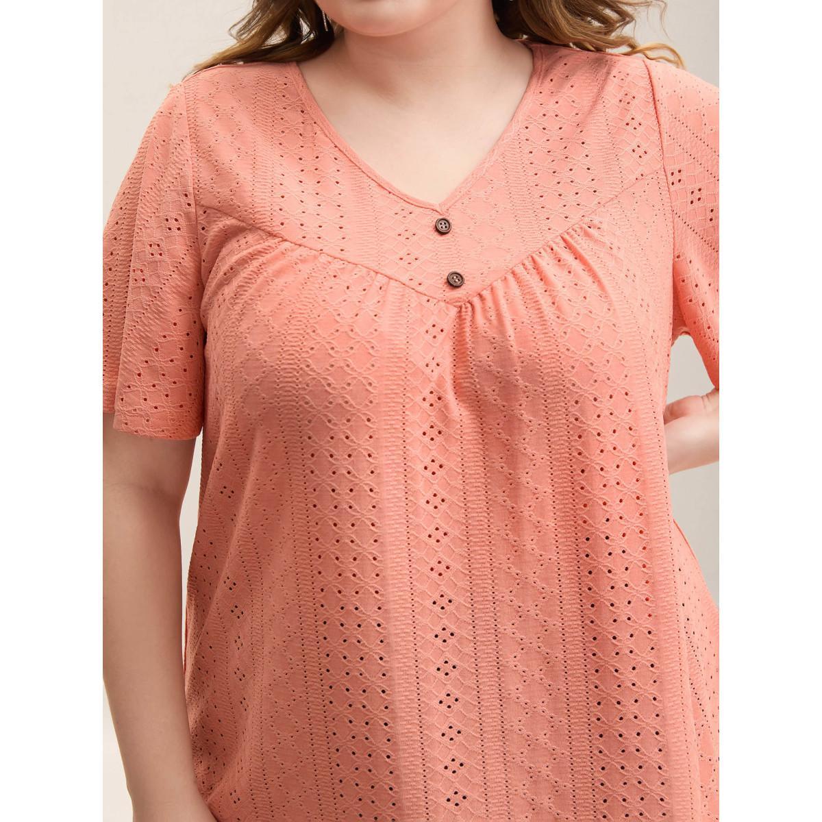 Plus Size Textured Button Detail Pleated T-Shirt Coral Women Casual Texture V-neck Everyday-Casual T-shirts BloomChic 12/L Product Image
