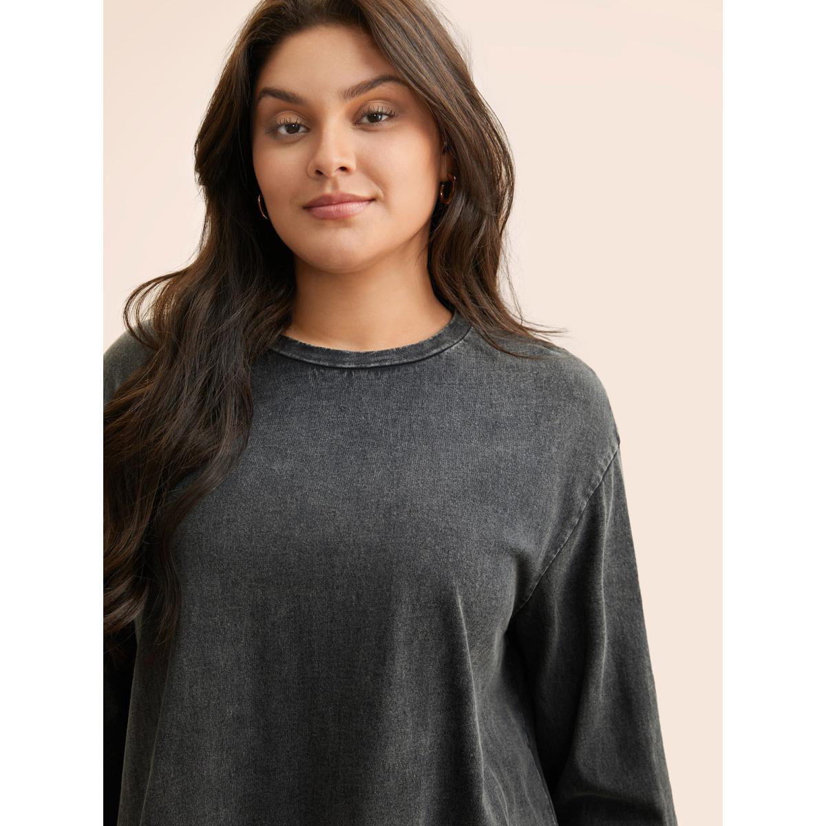 Plus Size Vintage Round Neck Slightly Stretchy Sweatshirt Women Black Casual Non Loose Round Neck Everyday Sweatshirts BloomChic 18-20/2X Product Image