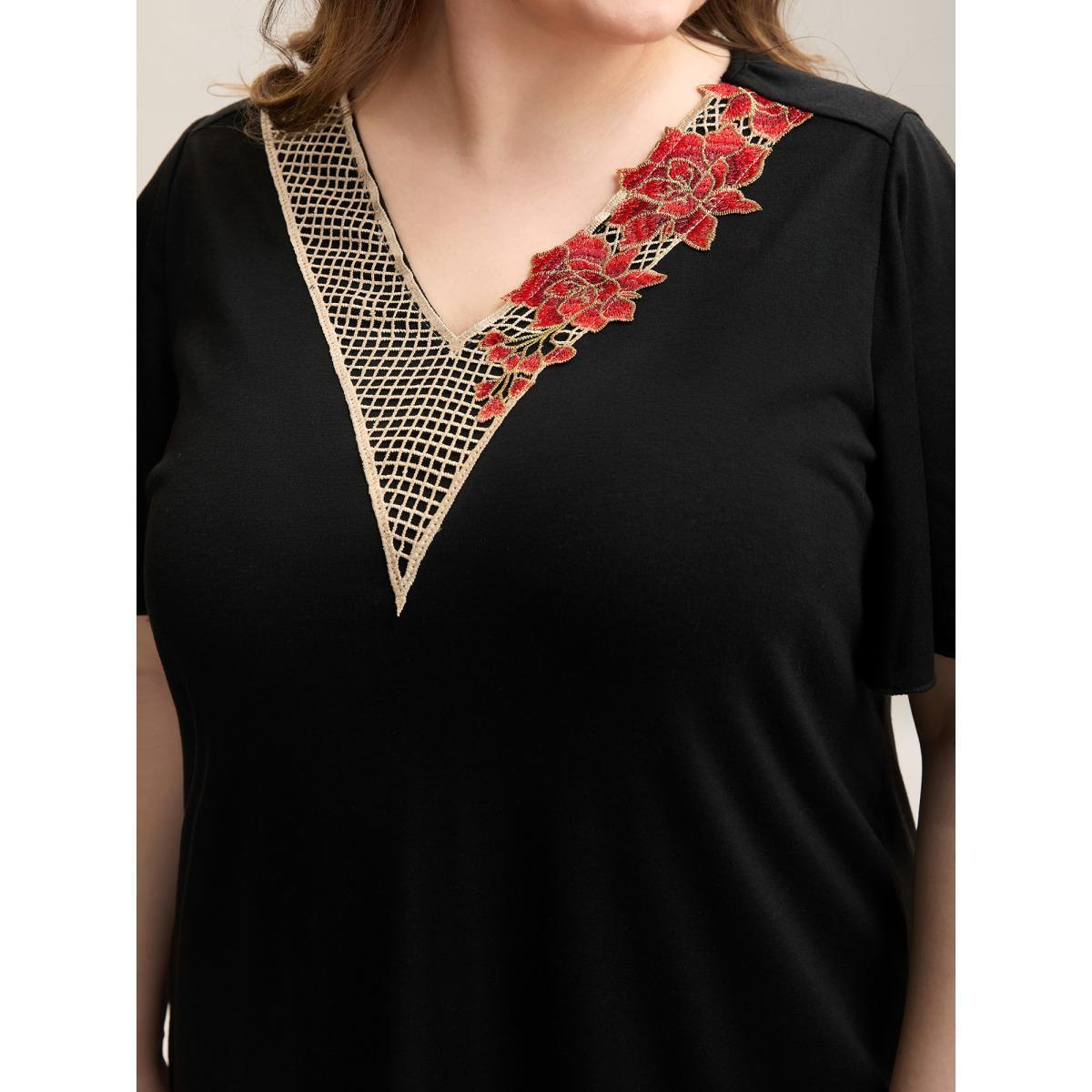 Plus Size Lace Floral Flutter Plain T-Shirt Black Women Casual Woven ribbon&lace trim V-neck Everyday T-shirts BloomChic 14-16/1X Product Image