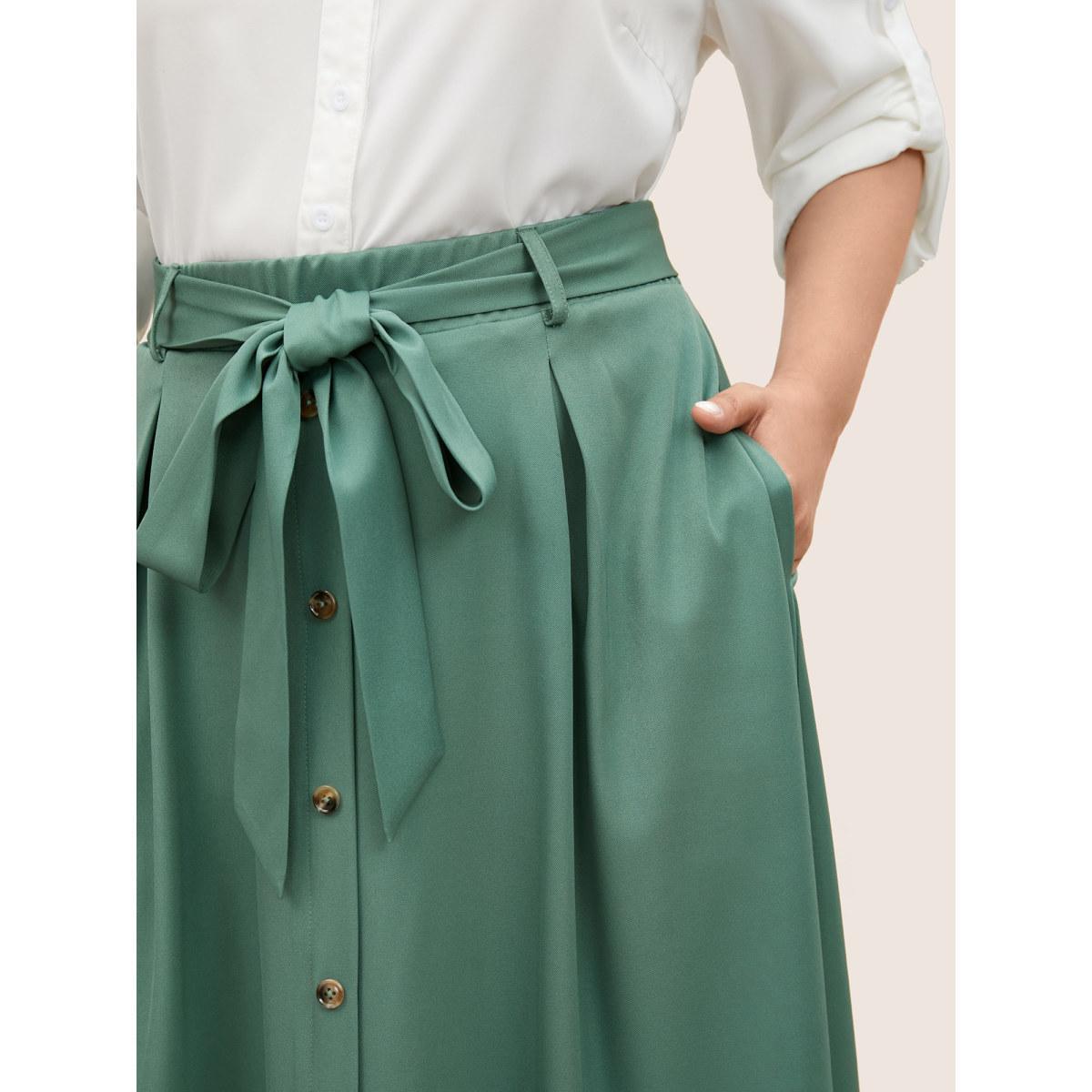 Plus Size Plain Elastic Waist Pleated Belted Skirt Women Mint At the Office Belted No stretch Slanted pocket Belt Work Skirts BloomChic 14-16/1X Product Image