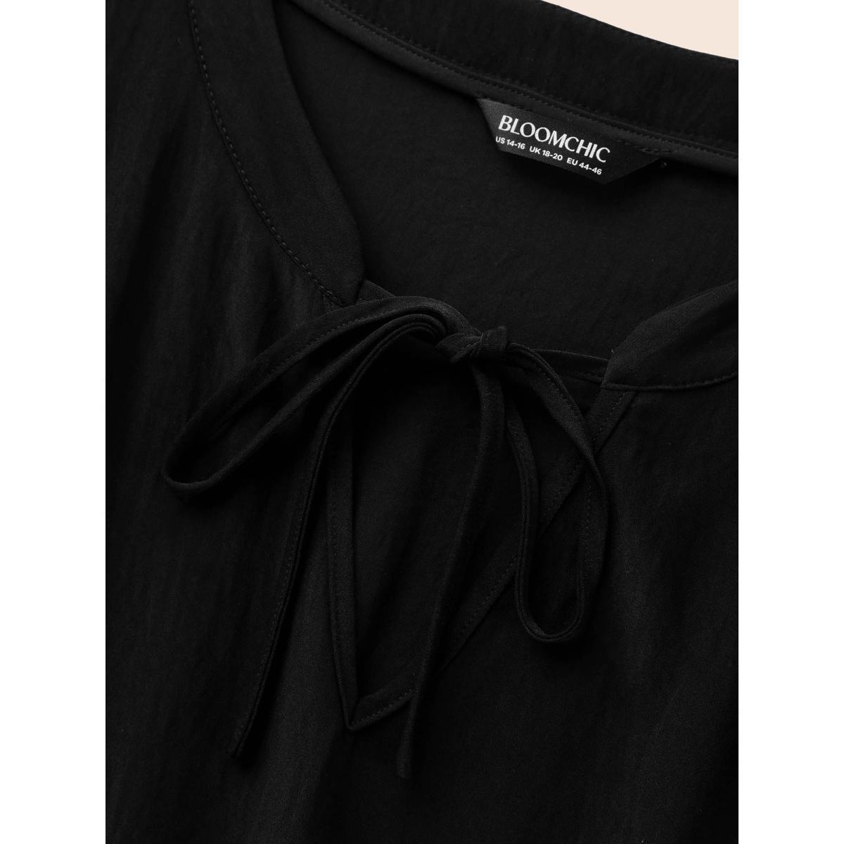 Plus Size Embroidered Flare Cuffs Midi Dress Black Women Resort Woven ribbon&lace trim Notched collar Long Sleeve Curvy BloomChic 12/L Product Image
