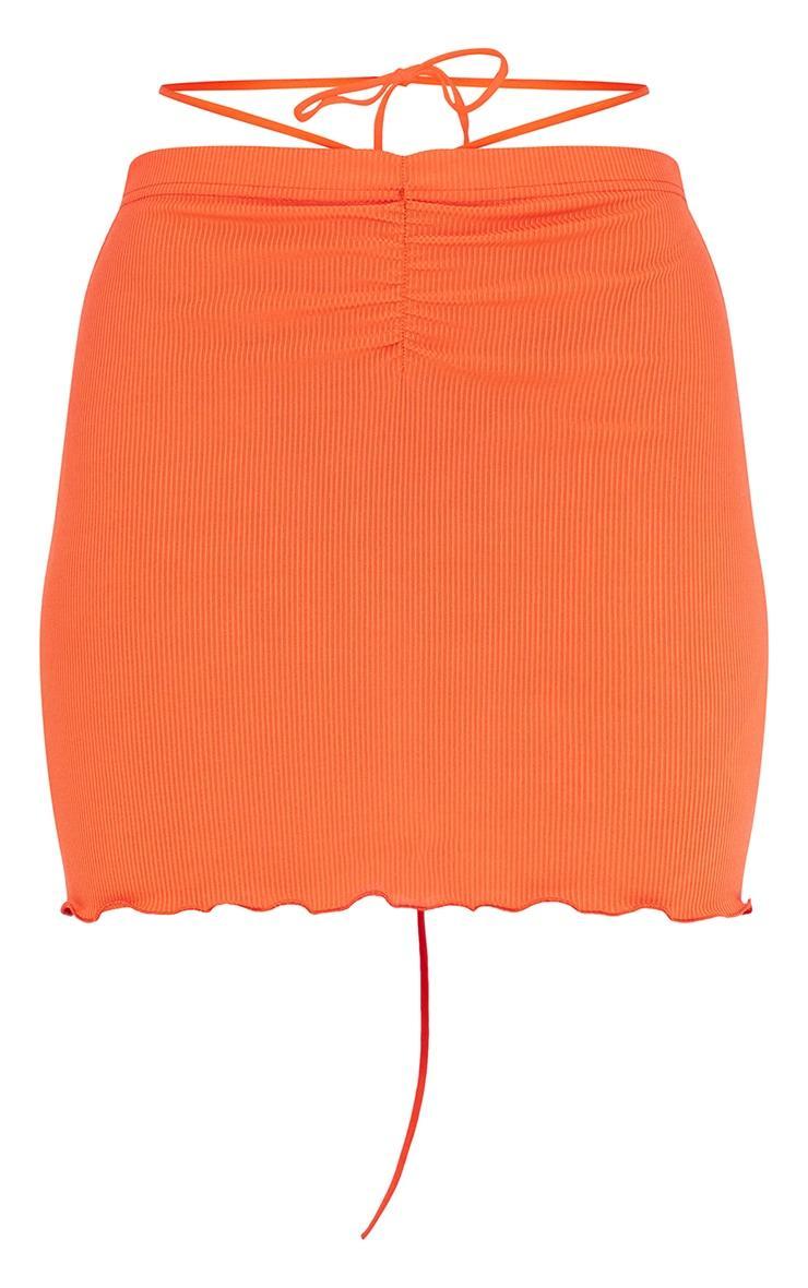 Bright Orange Rib Tie Waist Frill Edge Mini Skirt Product Image