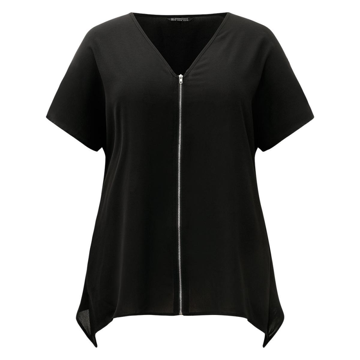 Plus Size Black Plain Zipper Curved Hem Blouse Women Office Short sleeve V-neck Work Blouses BloomChic 18-20/2X Product Image