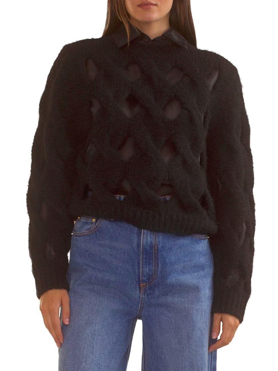 Womens Open-Knit Crewneck Sweater Product Image