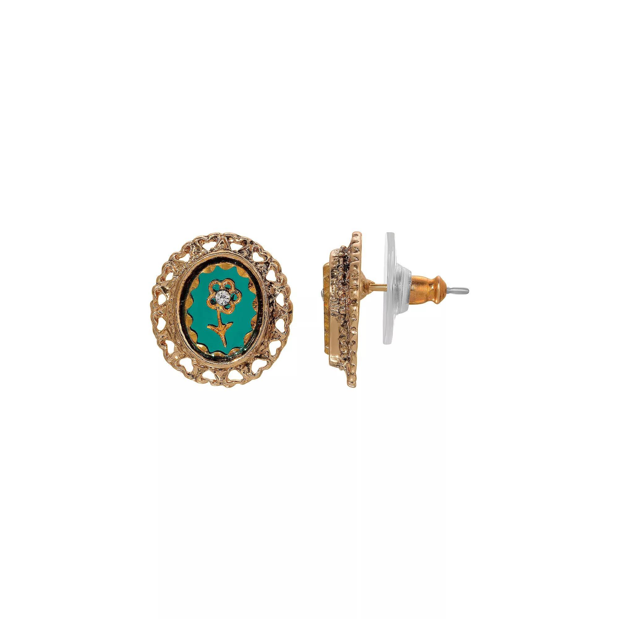1928 Gold Tone Decal Oval Button Stud Earrings, Womens, Green Product Image
