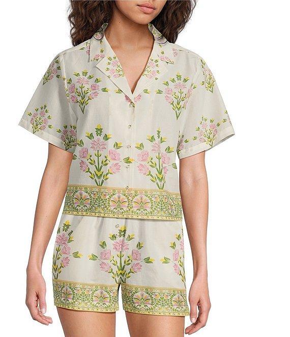 A Loves A Woven Floral Notch Lapel Button Front Short Sleeve Cropped Coordinating Camp Shirt Product Image