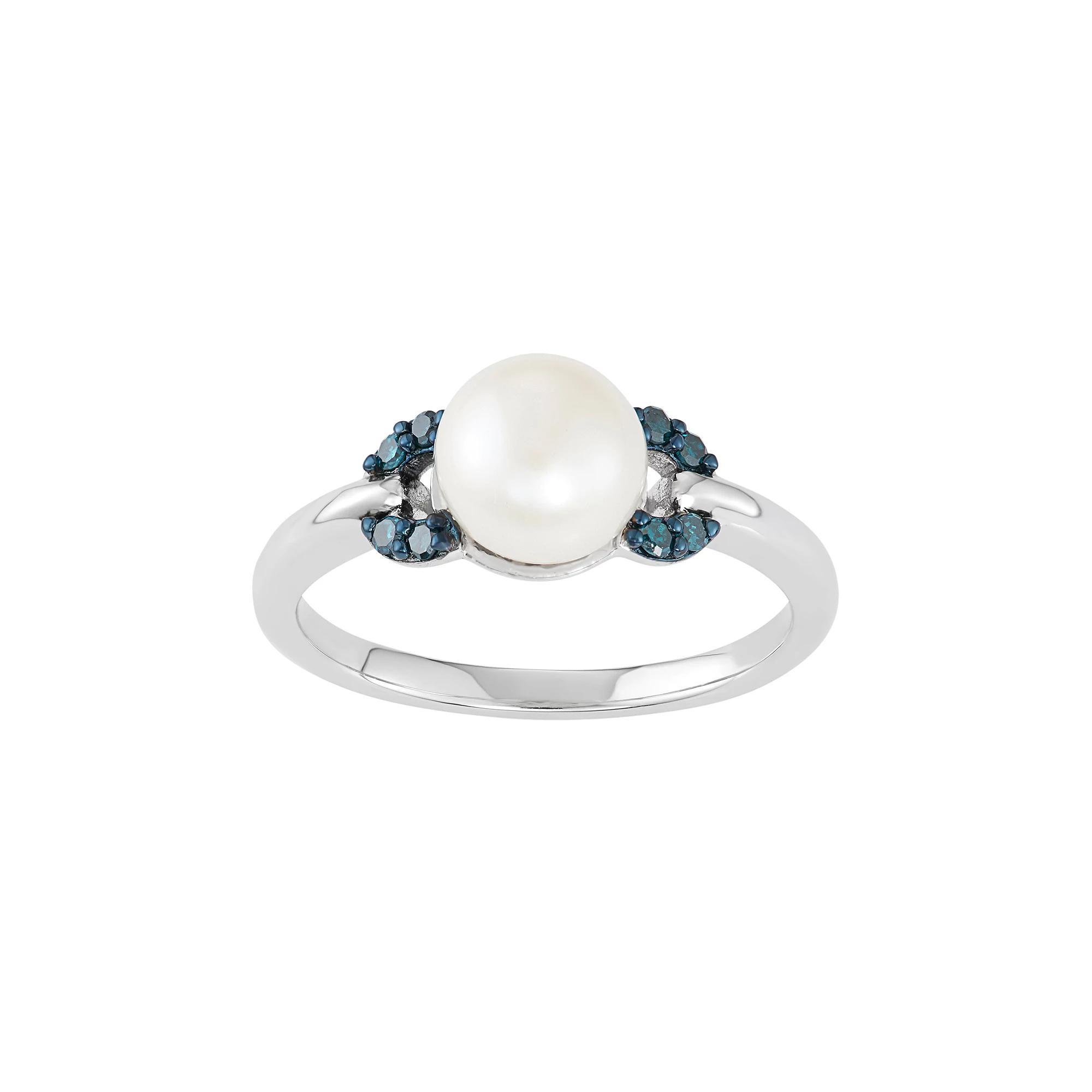 Freshwater Cultured Pearl & Blue Diamond Accent Sterling Silver Ring, Women's, Size: 6 Product Image