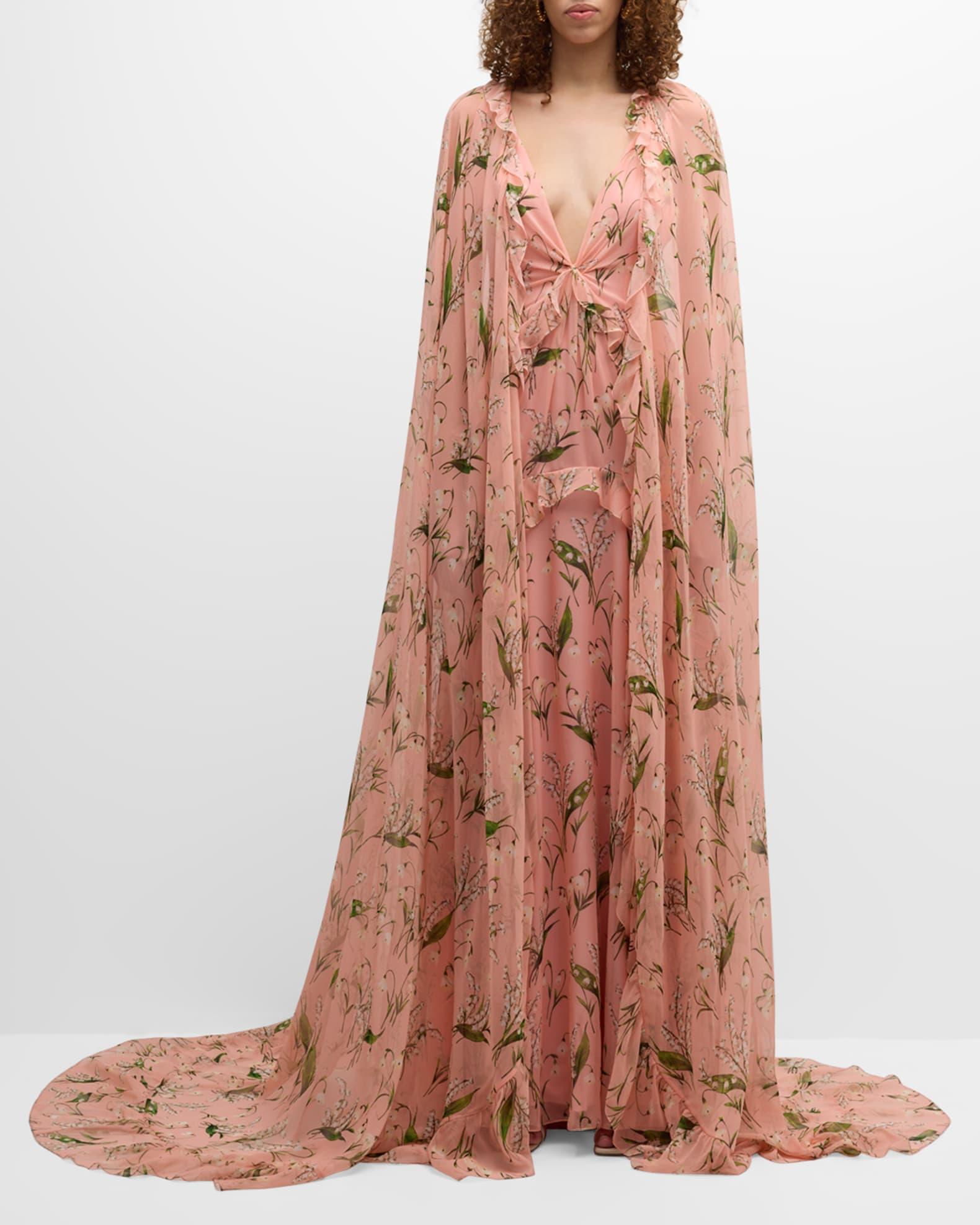 Plunging Floral-Print Ruffle Cape Gown Product Image