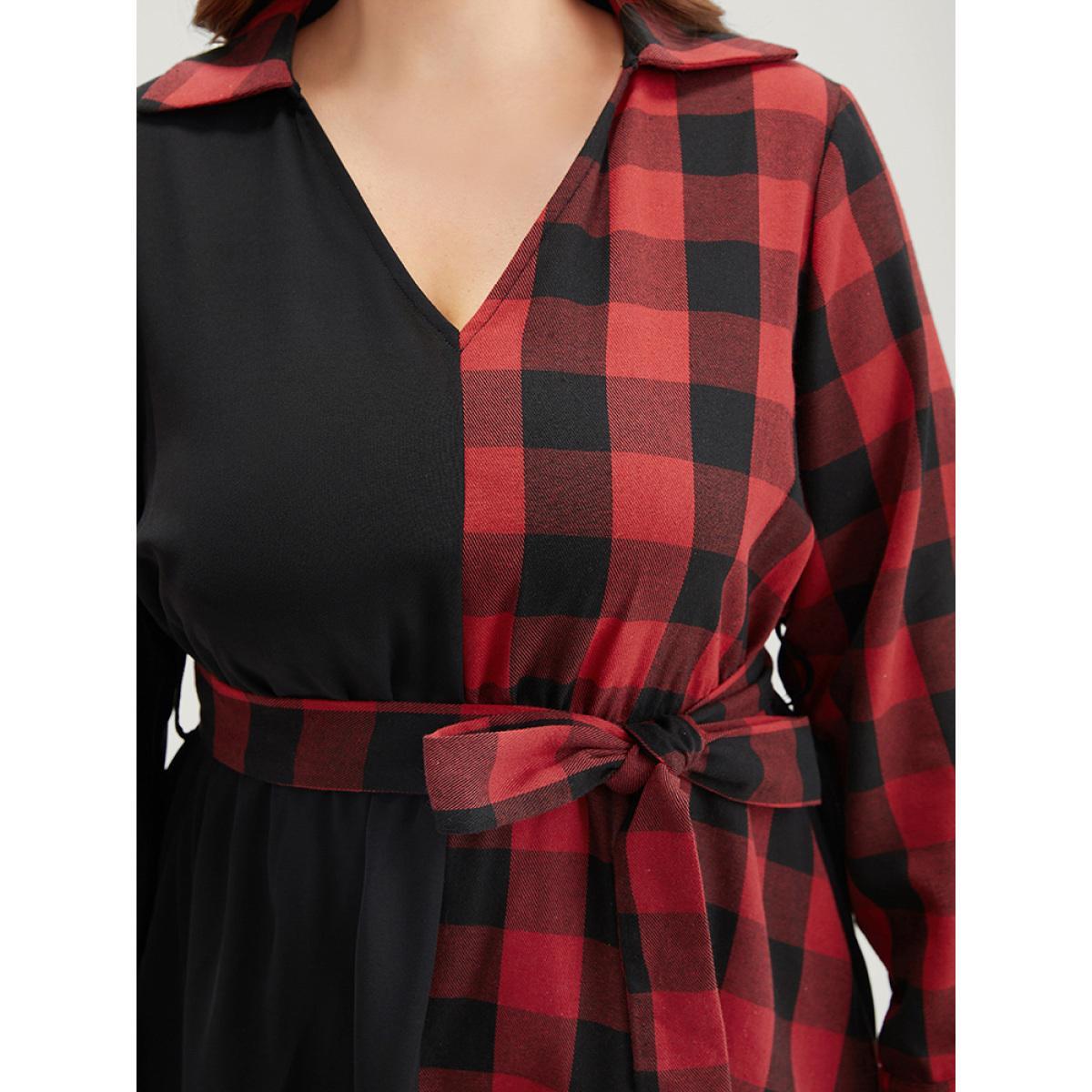 Plus Size Plaid Patchwork Belted Hanky Hem Dress Black Women Casual Belted V-neck Long Sleeve Curvy Midi Dress BloomChic 18-20/2X Product Image
