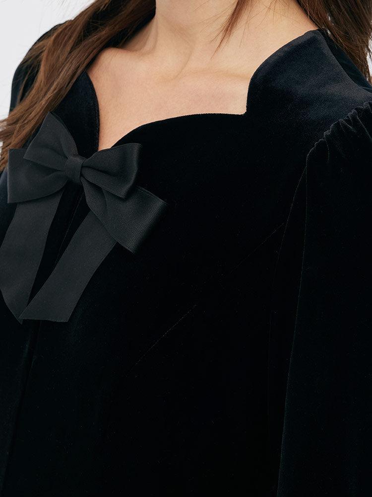 Velvet Scallop Neckline Women Midi Dress Product Image