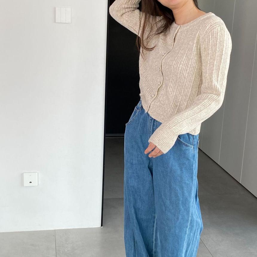 Round Neck Plain Ribbed Cardigan Product Image