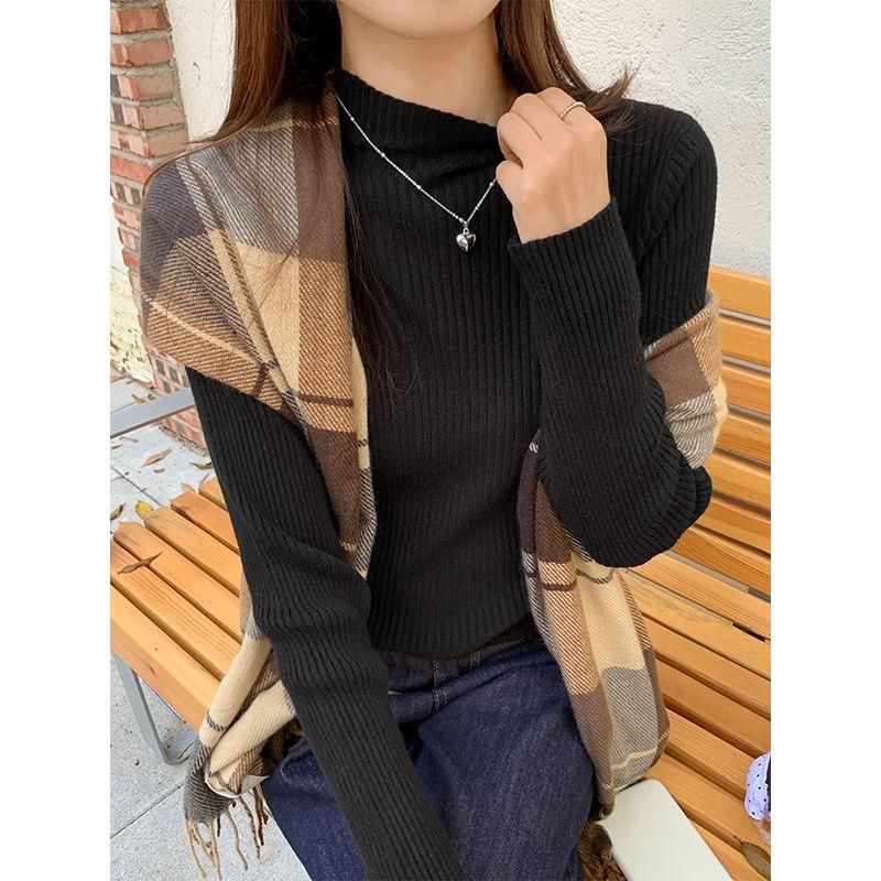 Long-Sleeve Mock Neck Plain Ribbed Slim Fit Knit Top Product Image