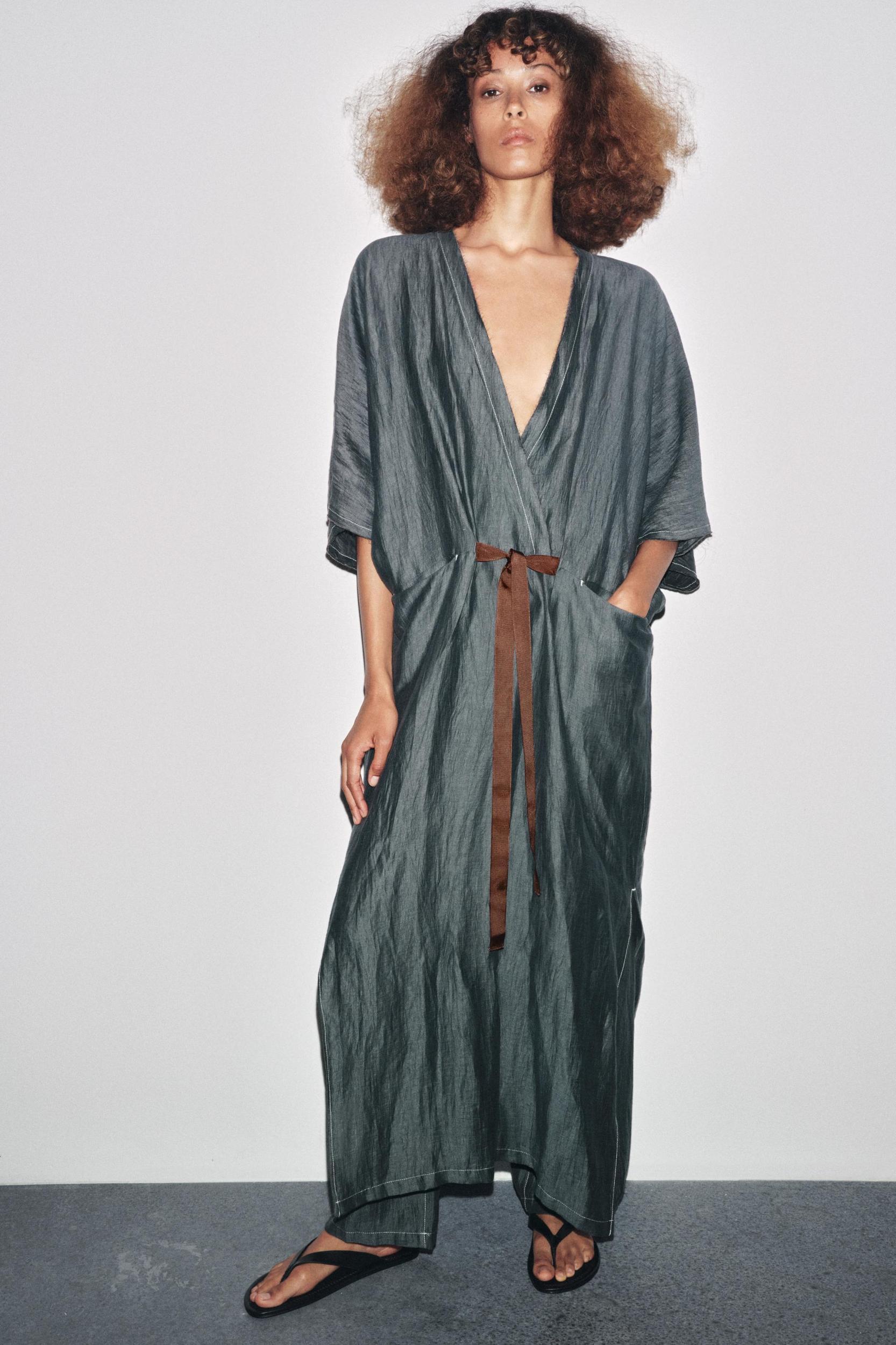 CONTRAST TIED LINEN DRESS Product Image