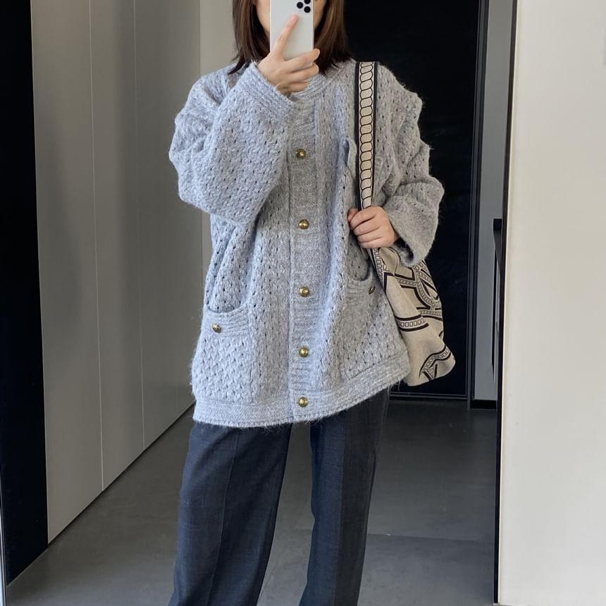 Round Neck Plain Button Oversized Knitted Cardigan Product Image