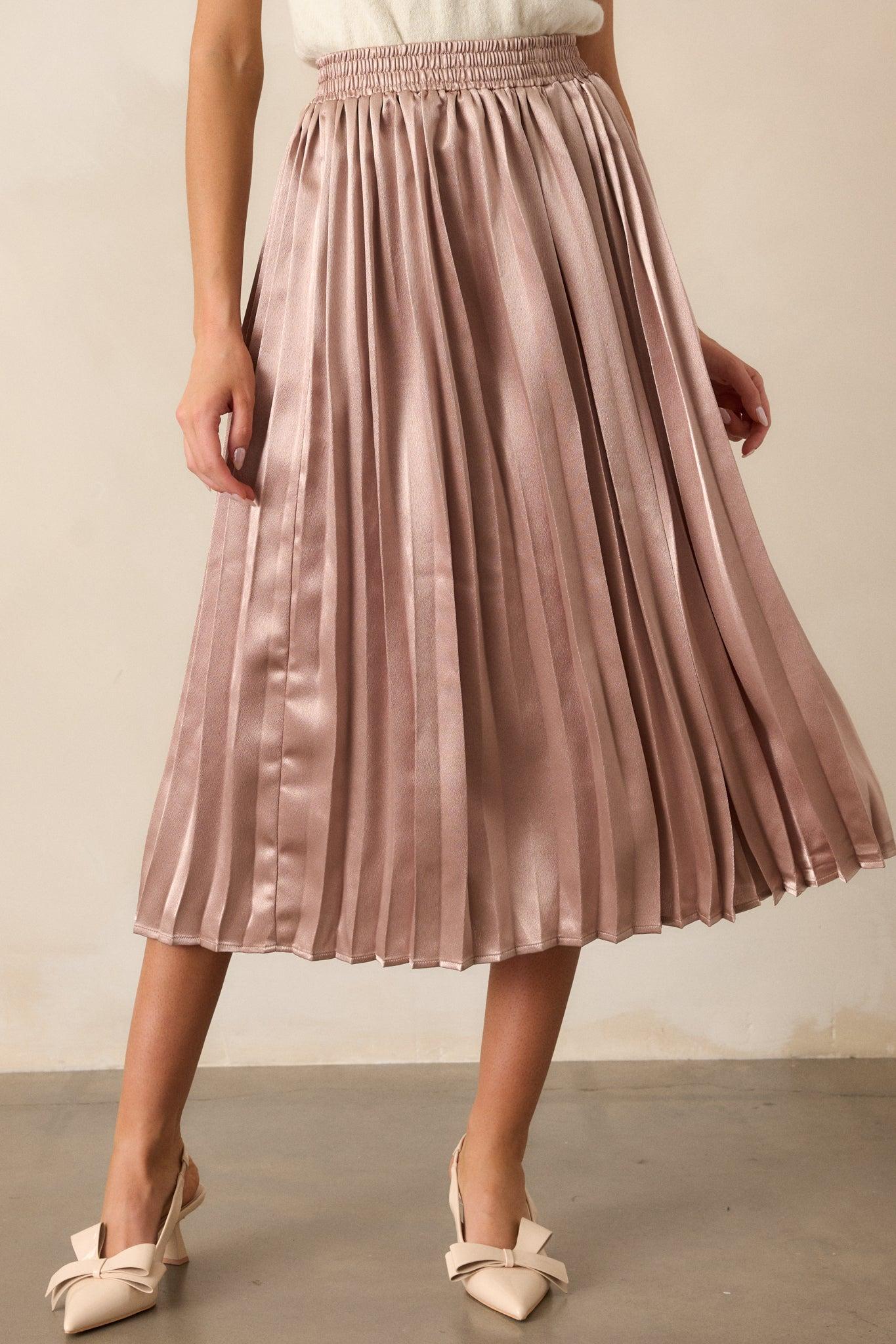 Lost In The Stars Rose Gold Pleated Midi Skirt Product Image