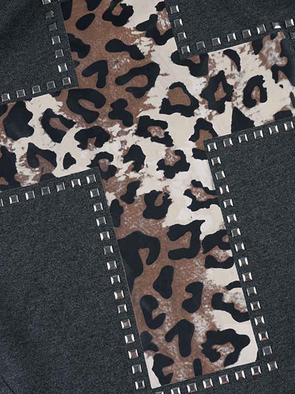 Leopard Print Rhinestone Contrasting Color Off-The-Shoulder Loose-Fitting T-Shirt Product Image