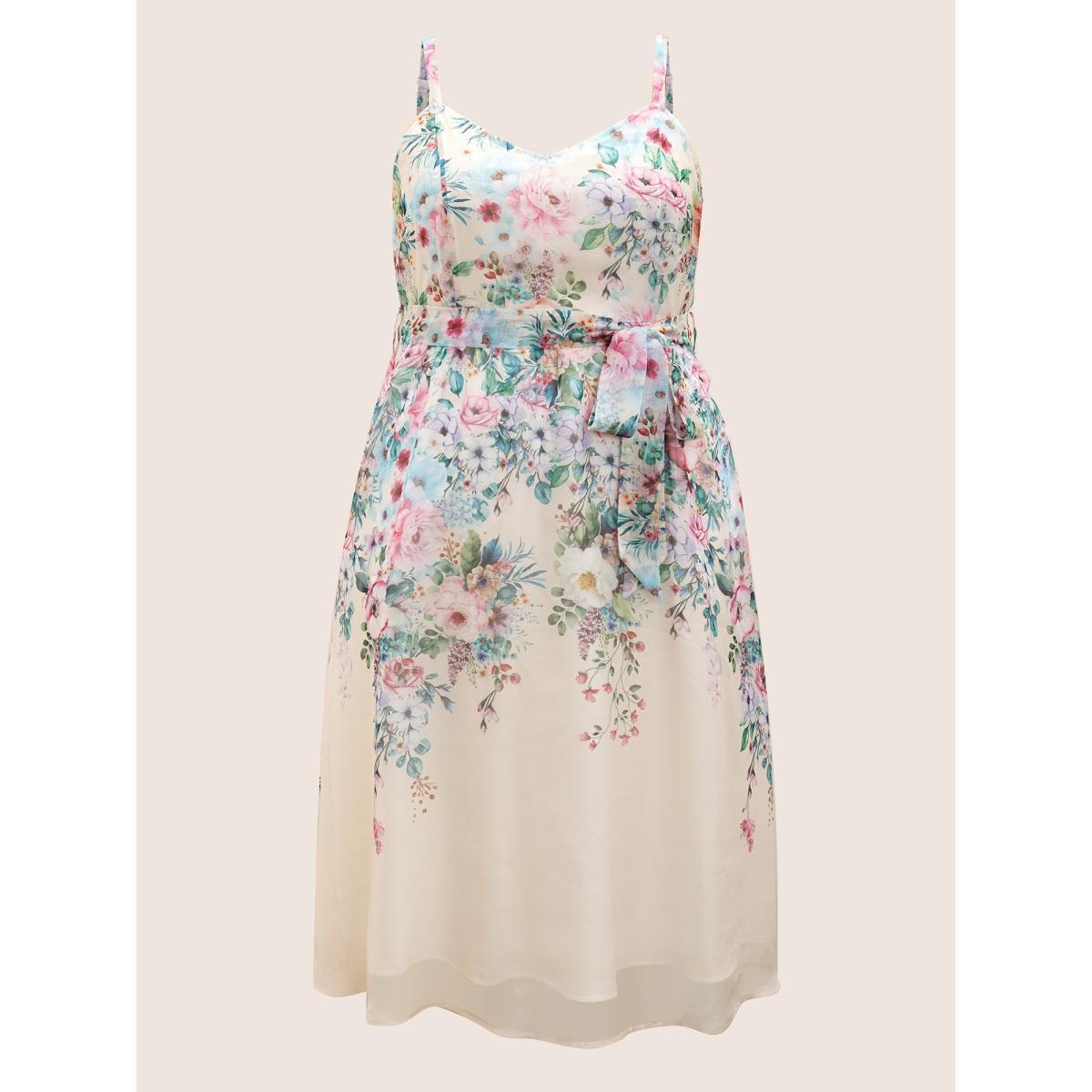 Plus Size Floral Mesh Elastic Waist Belted Cami Dress Champagne Women Elegant Belted U-neck Sleeveless Curvy BloomChic 22-24/3X Product Image