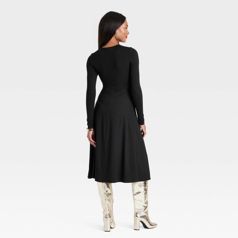 Womens Long Sleeve Twist-Front Midi Dress - A New Day Black M: Recycled Polyester, Spandex, Lightweight Jersey, Crew Neck, Pullover Product Image