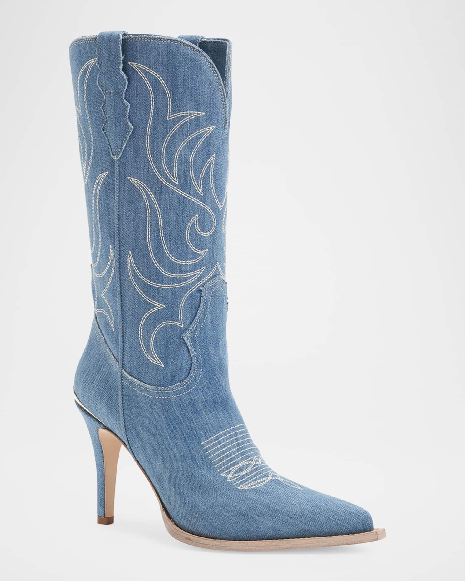 Cherie Denim Western Stiletto Mid Boots Product Image