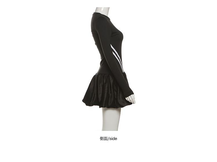 Long-Sleeve Round Neck Two Tone Mini A-Line Dress Product Image