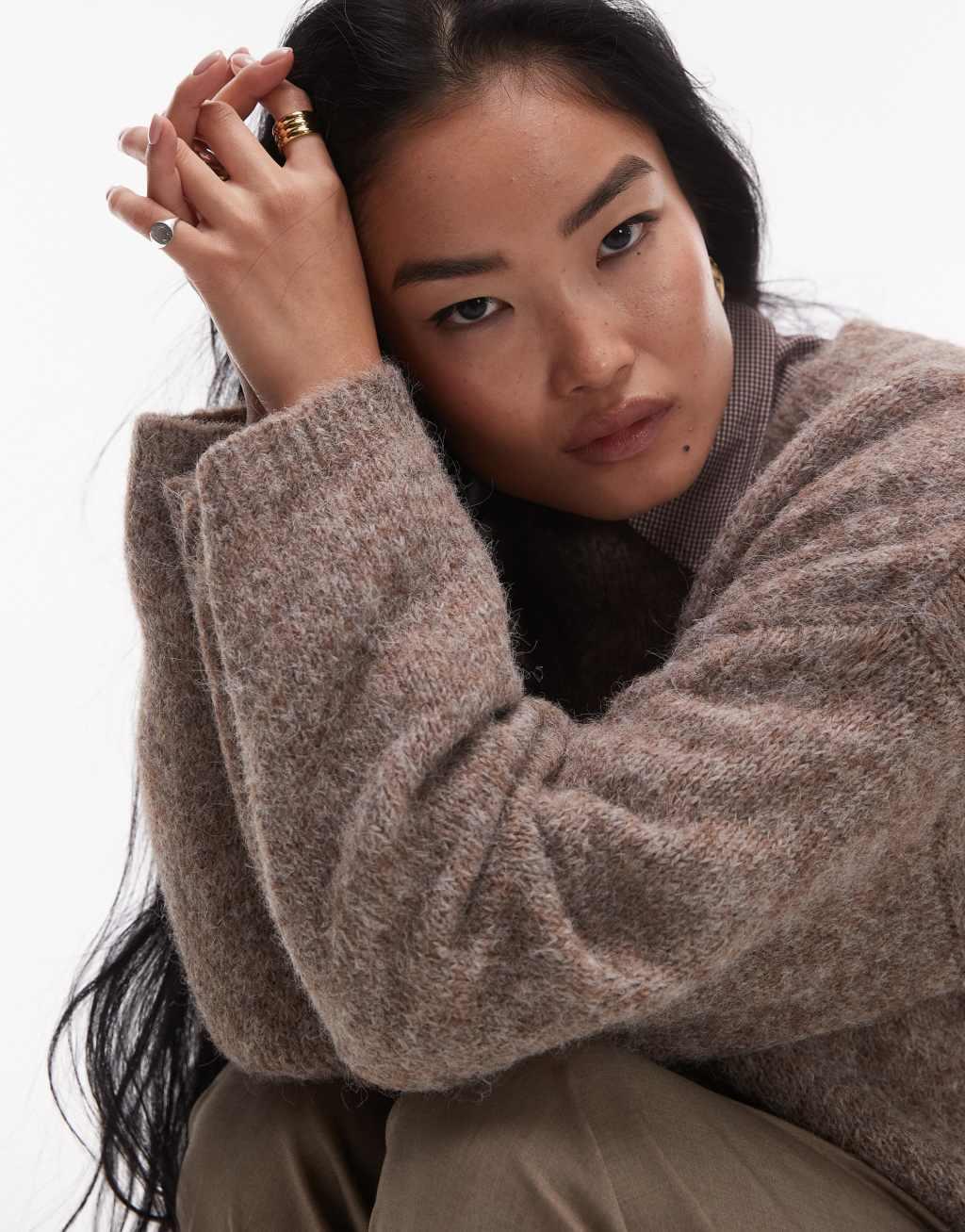 Topshop knit boxy fluffy crew neck oversized sweater in coffee Product Image