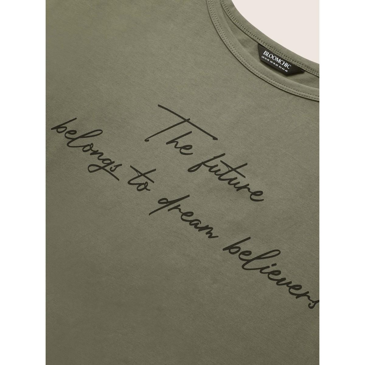 Plus Size Letter Print Dolman Sleeve Curved Hem T-shirt ArmyGreen Women Casual Contrast Round Neck Everyday T-shirts BloomChic 14-16/1X Product Image