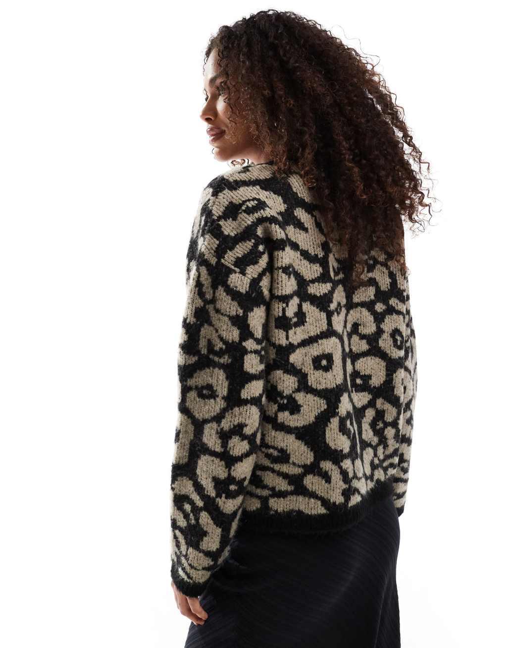 ASOS DESIGN fluffy knit crew neck cardigan in leopard Product Image