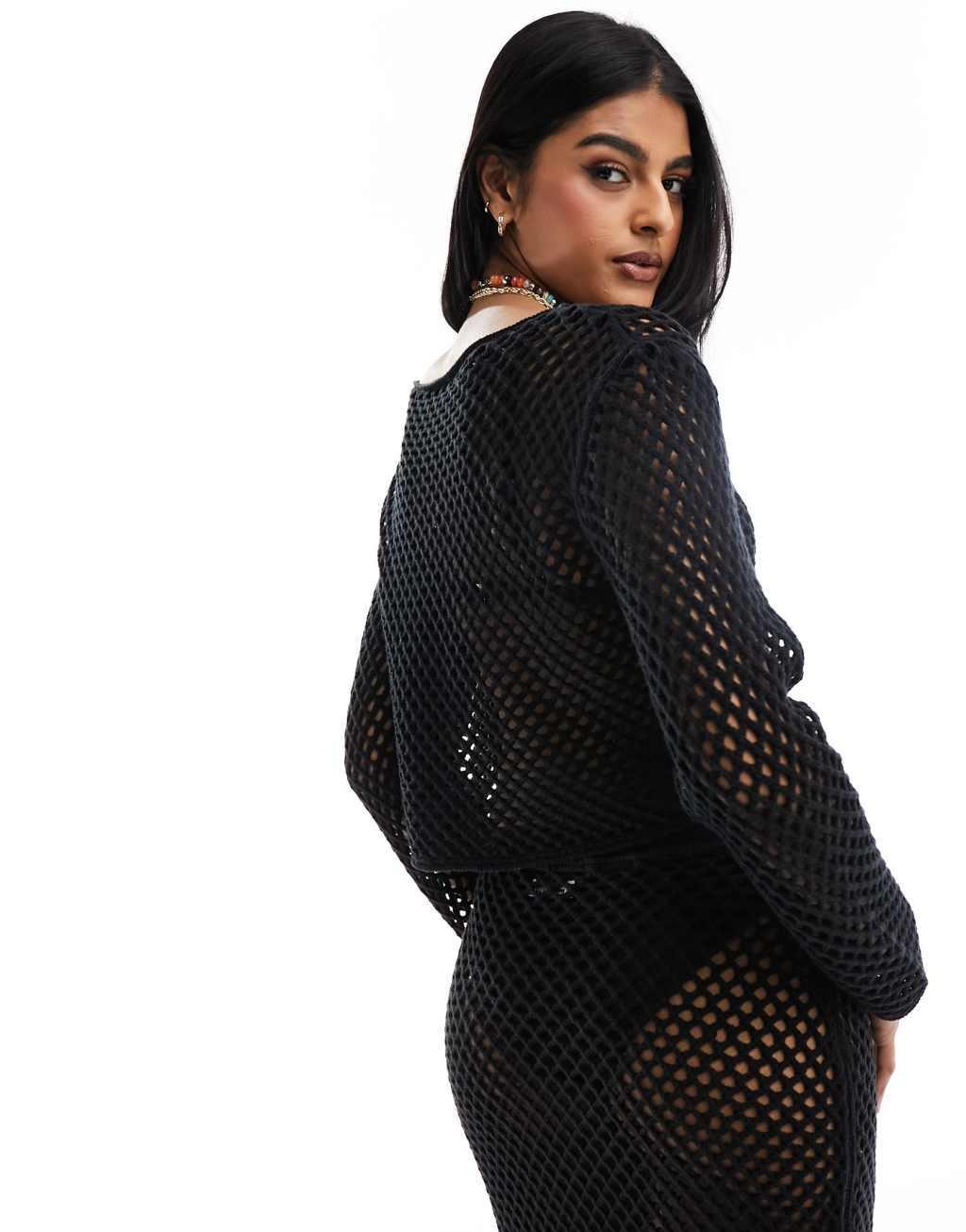 Miss Selfridge open knit crochet holey slouch sweater in black Product Image