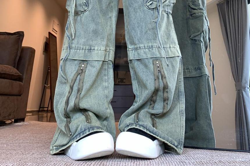 High Rise Washed Wide Leg Cargo Jeans Product Image