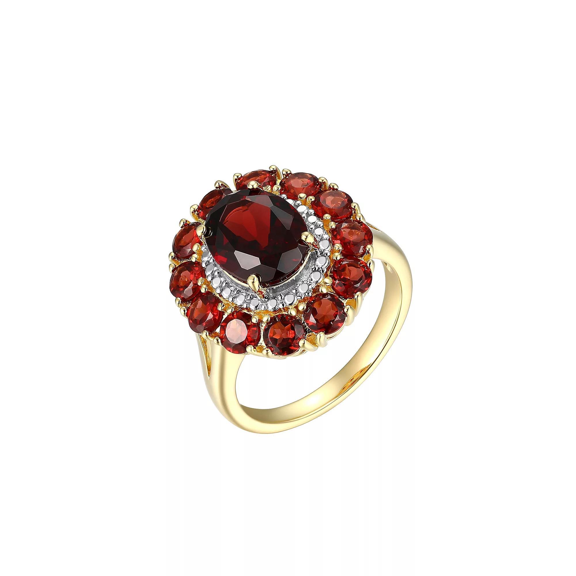 18K Gold Over Silver Genuine Garnet and Diamond Accent Halo Ring, Women's, Gold Tone Product Image