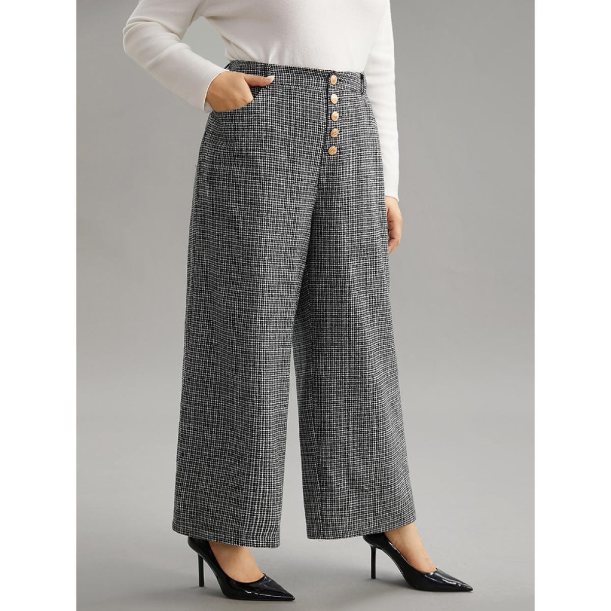 Plus Size Gingham Textured Metal Detail Wide Leg Pants Women Black Office Wide Leg High Rise Work Pants BloomChic 12/L Product Image