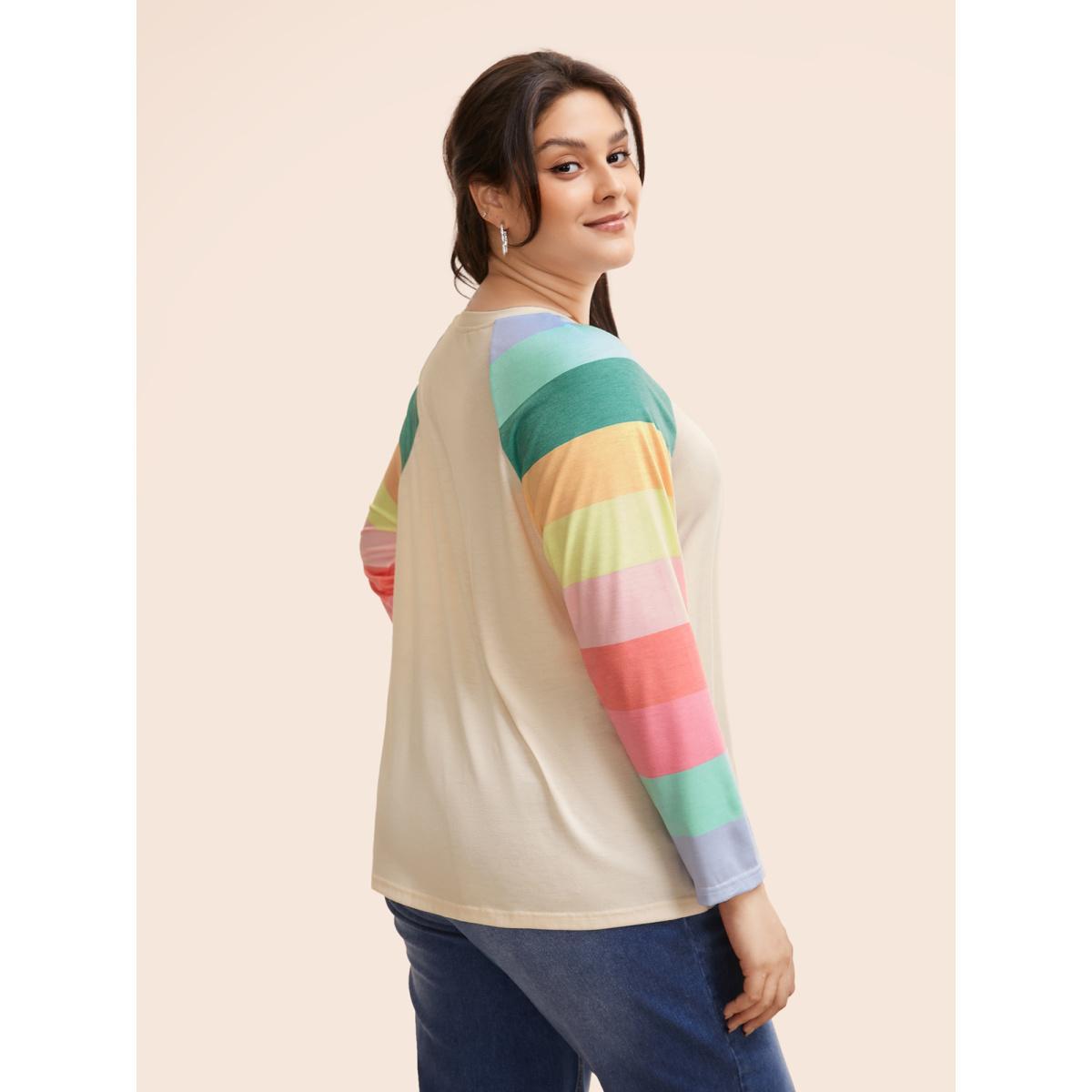 Plus Size Multi-color Striped Sleeves Loose Fit T-shirt Beige Women Casual Contrast Round Neck Everyday T-shirts BloomChic 18-20/2X Product Image